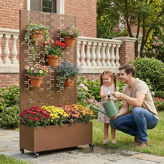 Casaphoria Metal Raised Garden Bed with Trellis and Wheels, 72"x35"x16" Planter Box for Climbing Plants, Vegetables & Vines, Features Drainage Holes and Privacy Screen, Brown-Brick