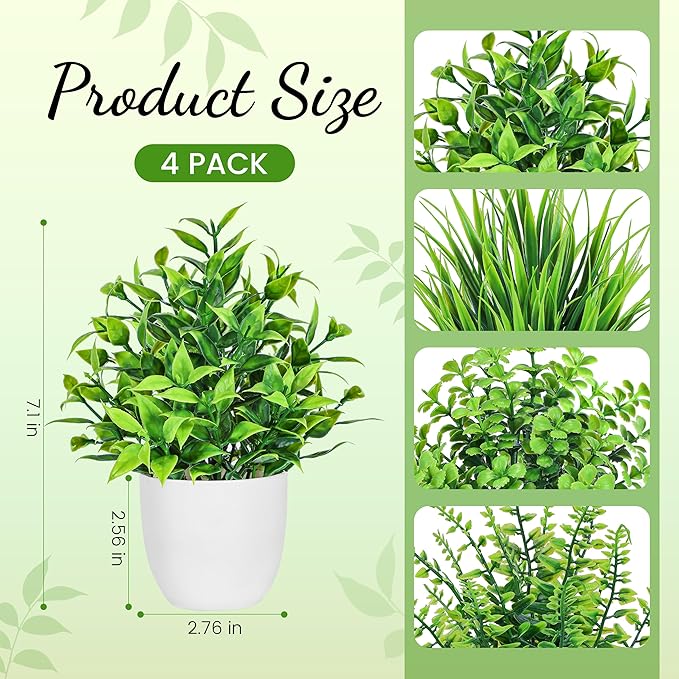 Der Rose 4 Pack Fake Plants Small Artificial Plants in Pots Faux Plants Indoor for Home Kitchen Table Bathroom Decor Accessories