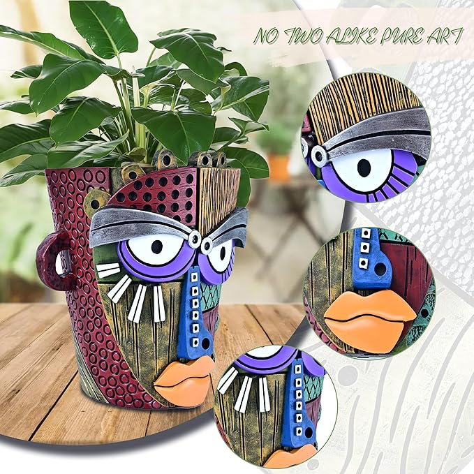 Midogaigai Abstract Face Planter Pots for Plants,Hand-Painted Colorful Flower Pots with Drainage, Indoor Outdoor Garden Decor Gift(Classic,Large)