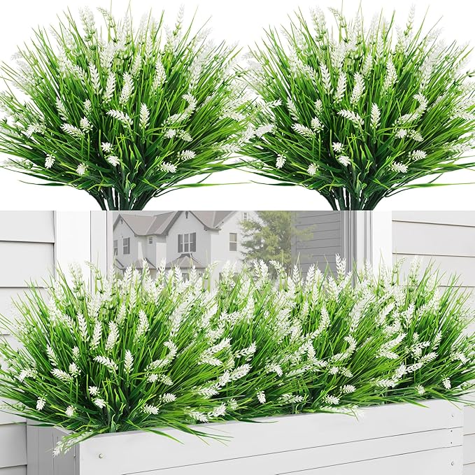 Bassion Artificial Flowers for Outdoors, 24 Bundles Fake Lavender Flowers UV Resistant White Plastic Plants Faux Monkey Grass for Home Porch Garden Window Box Indoor Outdoor Decorations