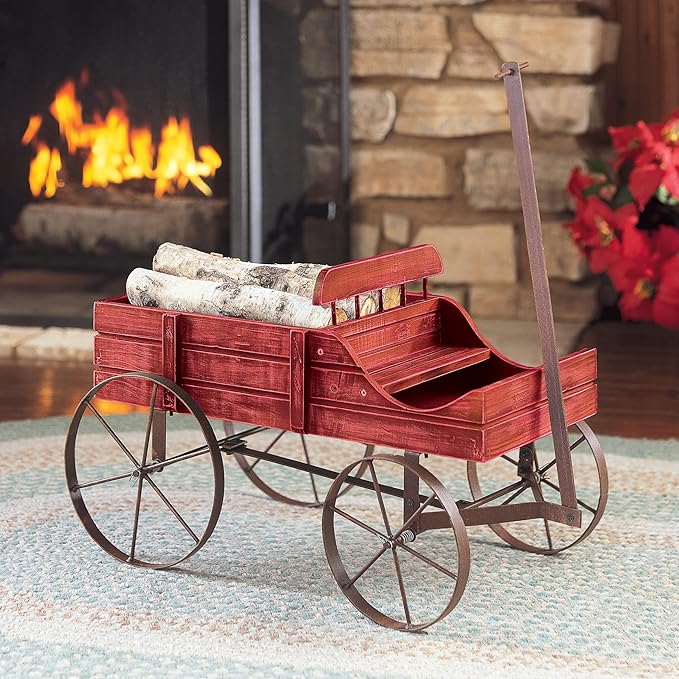 Collections Etc Amish Wagon Decorative Indoor/Outdoor Garden Backyard Planter, Red