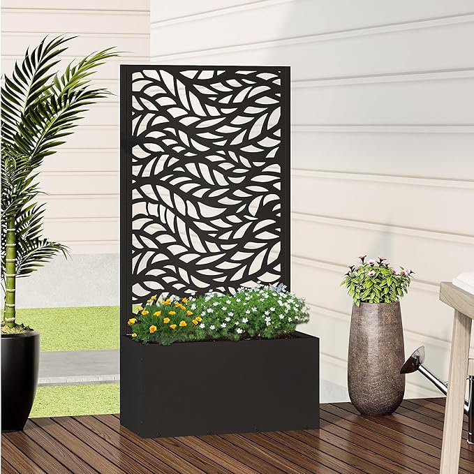 Casaphoria Metal Raised Garden Bed with Trellis, 47"x24"x12" Planter Box for Climbing Plants, Vegetables & Vines, Features Drainage Holes and Privacy Screen (Black-Spring)