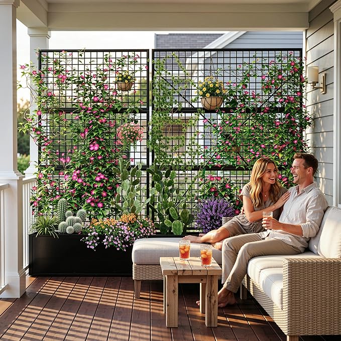 Privacy Planters for Patio – Metal Raised Garden Bed with Trellis and Privacy Screen, 71" x 35" x 16" Planter Box with Drainage Holes for Climbing Plants, Vegetables, and Vines, Outdoor Backyard Black