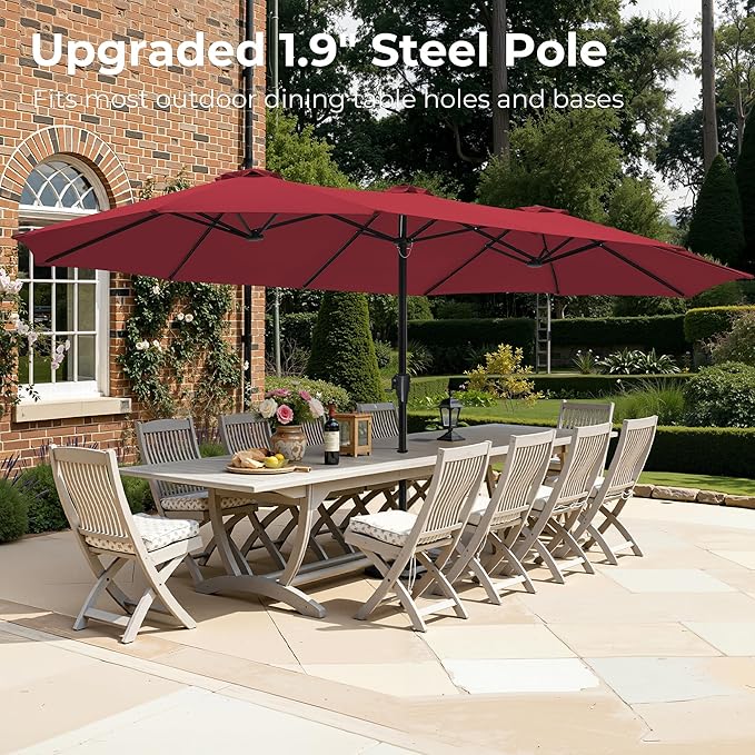 SUPERJARE 15FT Outdoor Umbrella for Patio, Double sided Pool Umbrellas with Fade Resistant Canopy, Large Table Umbrella for Deck, Market, Backyard - Burgundy(No Base)