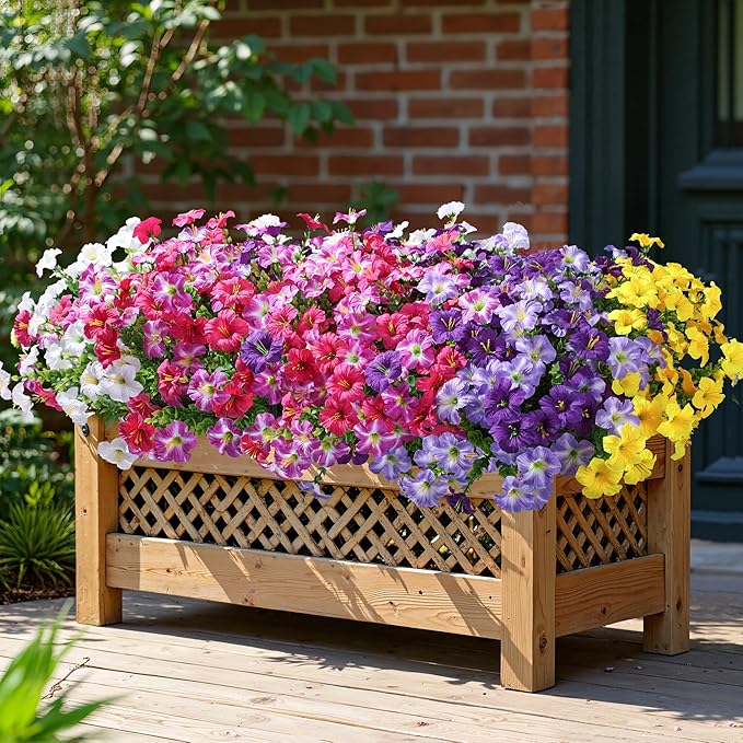 Artificial Flowers for Outdoors Fake Plants Outside Decoration, 20 Bundles Silk Petunia with Eucalyptus UV Resistant Realistic Faux Flowers for Outdoor Planters Garden Balcony Yard Porch Patio, Mix