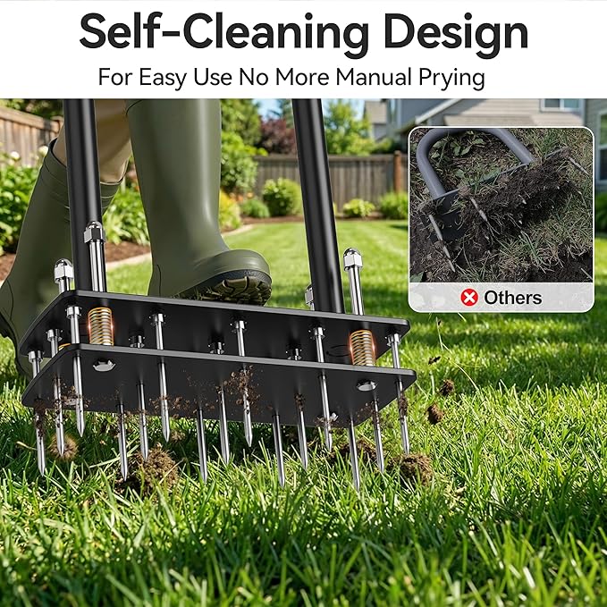 Knee-Friendly Manual Lawn Aerator Tool - 15 Heavy-Duty Steel Spikes,Spring-Loaded Auto-Clean Design, Pre-Assembled for Soil Loosening & Lawn Health, Garden/Yard Aeration Tool