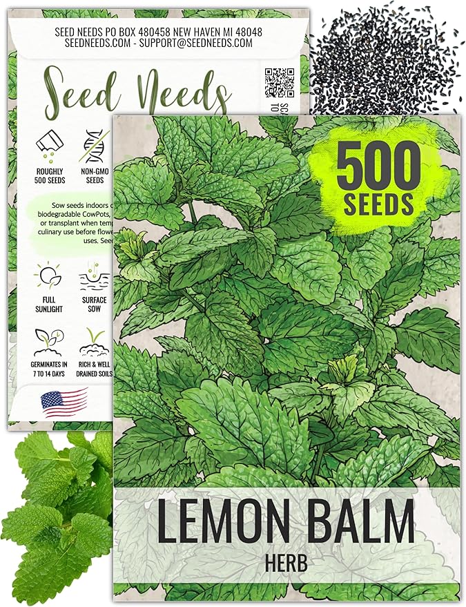 Seed Needs Lemon Balm Seeds for Planting - Non-GMO, Heirloom & Untreated Perennial Medicinal Herb - Plant Indoors/Outdoors Used for Making Calming Tea (1 Pack)