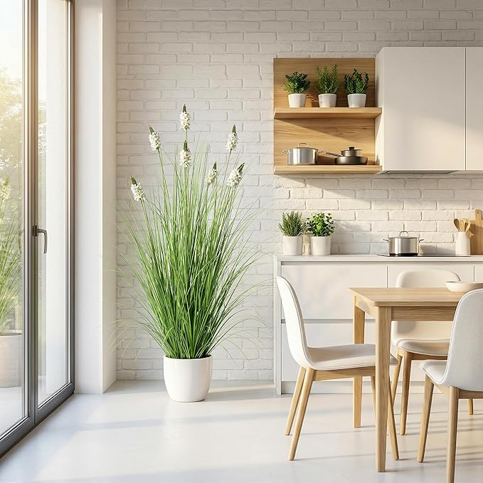 Artificial Plants Indoor Tall Grass Plants with Hyacinth Flower 47.2In Tall Artificial Ornamental Grass Green Onions Outdoor Fake Plants with Black Pot Home Office Decorative (1 Pack,White)