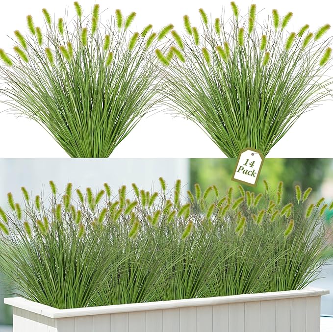 14PCS Artificial Dog Tail Grass Plant UV Resistant Outdoors Faux Plants Ornamental Wheat Grass Cattails Artificial Flowers Home Decor for Outdoor Garden (14, Dark Green with Dog Tail)