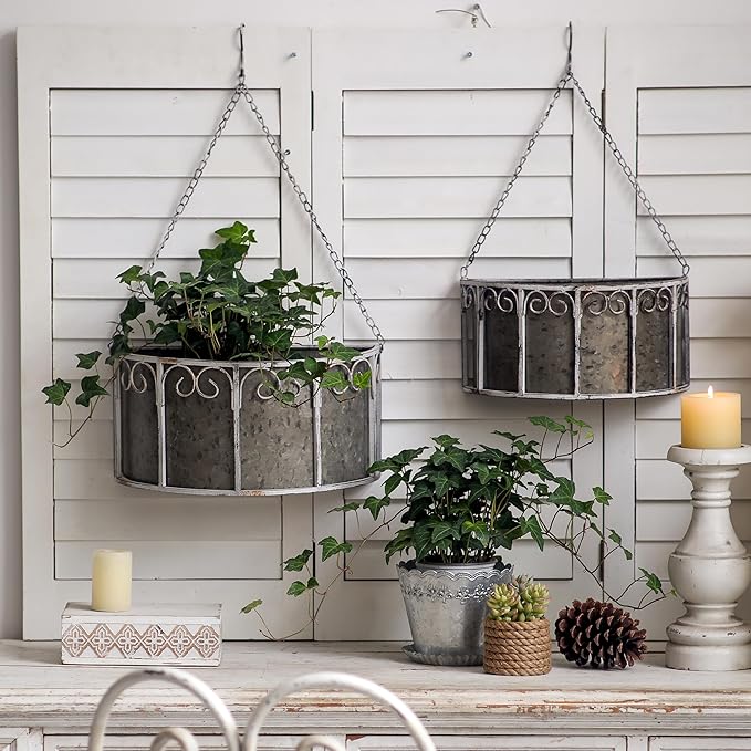 SOFE Farmhouse Galvanized Metal Hanging Planter Basket Set of 2, Unique Hanging Plant Pot Indoor Outdoor, 14 Inch/12inch Flower Pots Holder with Chain Hook, Home Garden Patio Decor