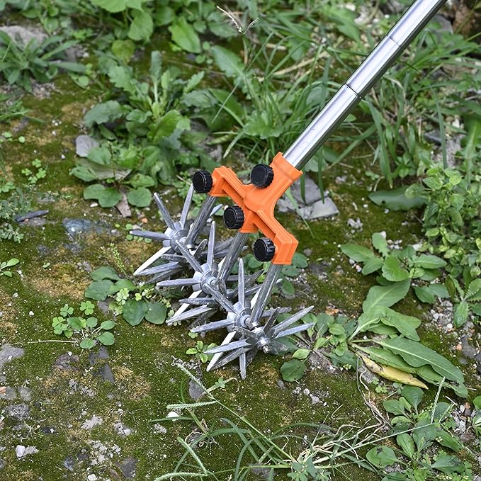 BARAYSTUS Rotary Cultivator Garden Rotary Tiller Adjustable Stainless Steel Poles Hand Tiller for Soil Mixing or Reseeding Grass Lawn Tiller Total Length 57 Inch