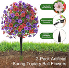 Alupssuc 2Pcs 20" Artificial Topiary Ball Flowers, Spring Outdoor Decoration with Spike, UV Resistant Faux Summer Plants, Faux Bushes Plants, Red Brown Purple Deep Purple for Garden, Porch Decor