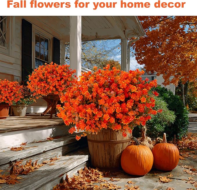 Artificial Fall Flowers Outdoor Fake Mums - 12 Bundles Fake Plants UV Resistant No Fade Faux Plastic Greenery Garden Porch Patio Fall Home Decor(OrangeGreen)