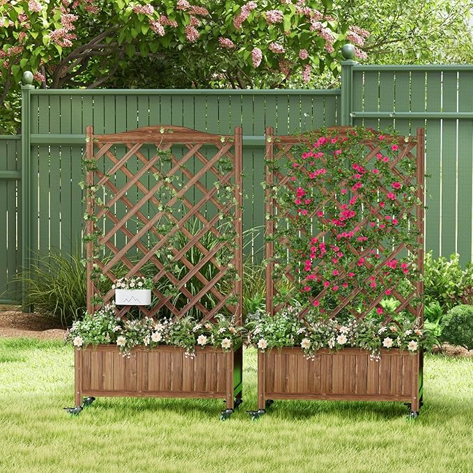 Upgraded 2-Pack 50" Tall Trellis Planter Box with Wheels, 49.8"H × 27.6"W × 13.0"D Solid Fir Wood Raised Garden Bed & Lattice Privacy Screen, Rolling Planter with Drainage for Patio/Garden