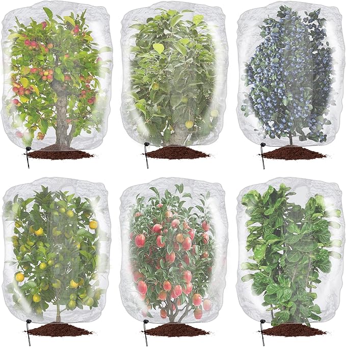 6 Pcs Insect Bird Barrier Tree Net with Drawstring, 3.9 x 3.2 Ft Garden Bird Netting Plant Cover, Fruit Tree Netting for Protect Plants Fruits Flowers from Insect Bird Eating