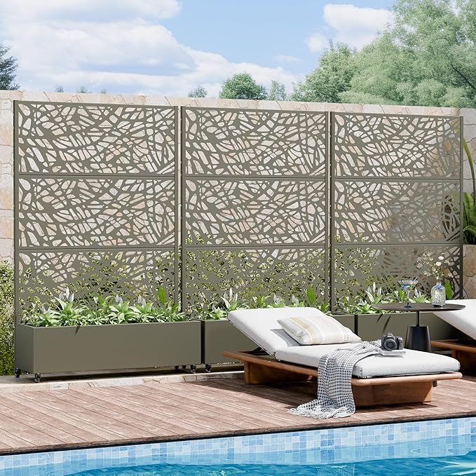 Casaphoria Metal Raised Garden Bed with Trellis and Wheels, 72"x47"x16" Arched Planter Box for Climbing Plants, Vegetables & Vines, Features Drainage Holes and Privacy Screen, Grey-Net