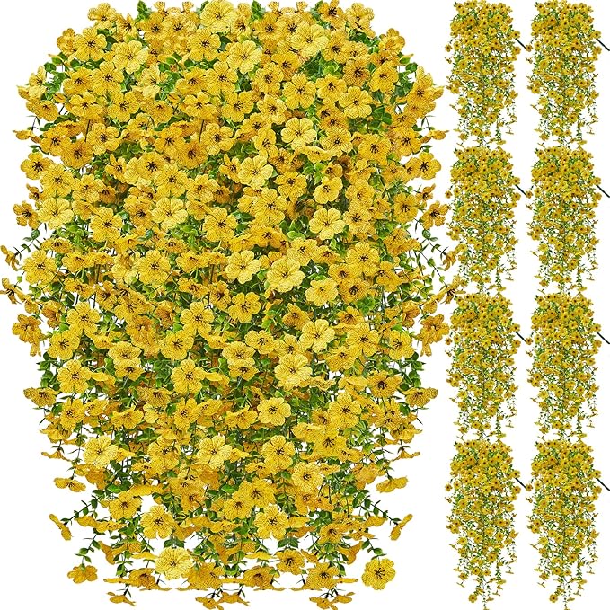 Artificial Hanging Flowers for Outdoors Spring Summer Decoration, 8PCS UV Resistant Silk Fake Hanging Plants for Patio Porch Front Yard Window Garden Indoor Decor(Yellow,8PCS)