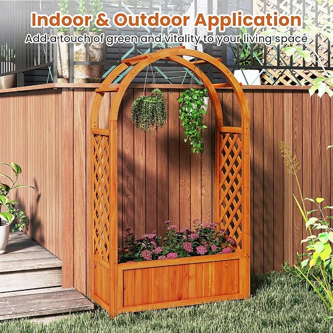 HAPPYGRILL Raised Garden Bed with Trellis, Wooden Elevated Planter Box w/Ached Roof & Detachable Bottom Panels, Liner, Drainage, Indoor Outdoor Wood Planter for Climbing Plants Vine Flower (1)