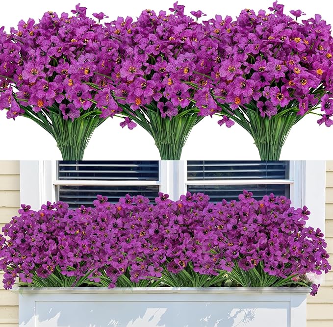 Bassion 24 Bundles Artificial Flowers for Outdoors Decoration, UV Resistant Purple Silk Fake Faux Flowers Artificial Plants for Outside Window Box Porch Garden Home Decor