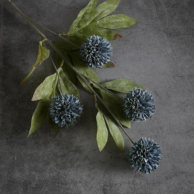VIERENA 6 Pcs Faux Silk Pompon Mum Artificial Flowers for Vase -27", Bulk Fake Chrysanth Branches with Stems for DIY Bouquet Centerpieces Wedding Fillers Arrangements Shower Decorations (Dark Blue)