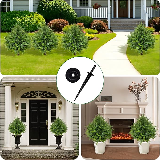 24.5 Inch (H) Artificial Cedar Topiary Ball Trees, Set of 4 UV Resistant Fake Shrub Bushes with Ground Spikes, Faux Outdoor Plants for Garden, Patio, Front Porch & Indoor Decor (4)