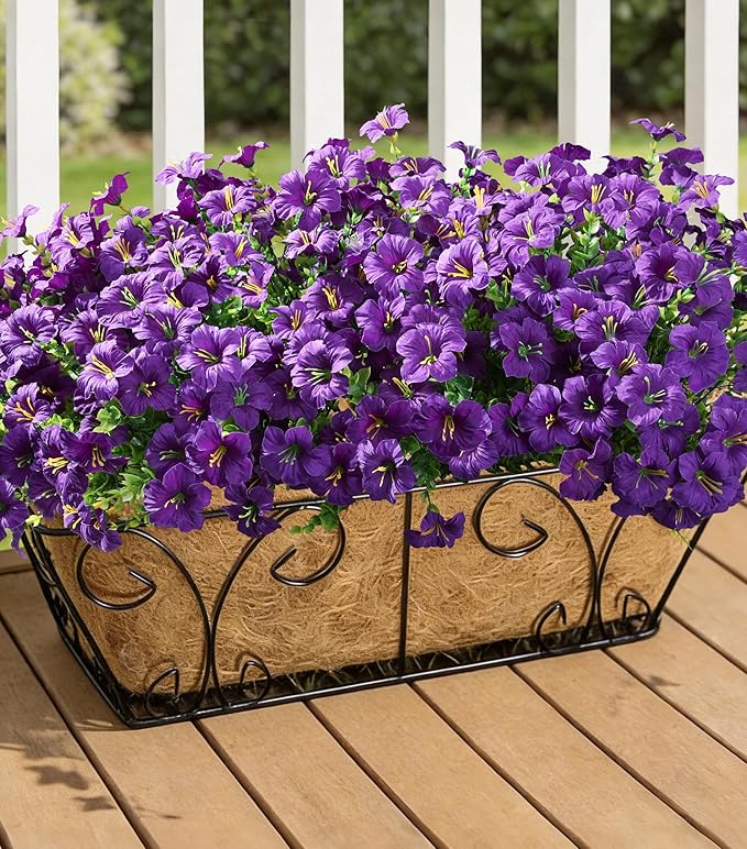 Artificial Flowers for Outdoors Fake Plants Outside Decoration, 20 Bundles Purple Silk Petunia with Eucalyptus UV Resistant Realistic Faux Flowers for Outdoor Planters Garden Balcony Yard Porch Patio
