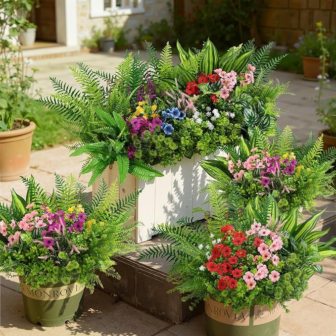 Alupssuc 48Pcs Artificial Flowers and Plants,UV Resistant & No Fade Fake Plastic Greenery Shrubs for Home Garden, Pathway, Front Porch-Spring Summer Decor, Indoor/Outdoor Use, Red Purple Pink Blue
