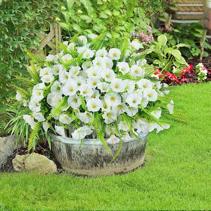 Artificial Flowers for Outdoors 12 Bundles White Artificial Petunias Fake Flowers UV Resistant Shrubs Plants with Fern for Indoor Outside Hanging Planters Home Garden Spring Decorations