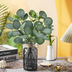 Der Rose 13.5" Fake Plants for Black Bathroom Decor Artificial Eucalyptus Stems in Black Glass Vase with Faux Water for Office Desk Accessories Farmhouse Home Table Centerpiece Decor（Sage Green）