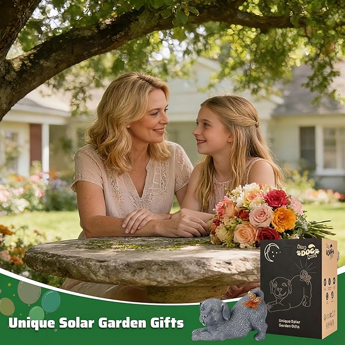 Solar Dog with Butterfly Light Statue, Outdoor Resin Puppy Garden Decor, Solar Powered Dog Figurine for Yard Patio Lawn, Waterproof Memorial Gift for Pet Lovers
