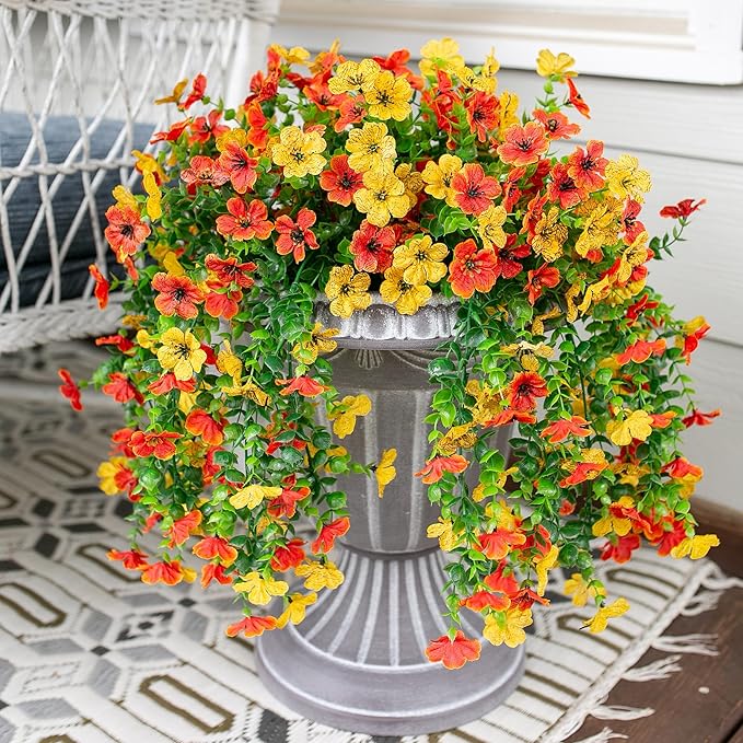 HyeFlora Artificial Flowers for Outdoors Decoration, 2Pcs Fake Hanging Spring Decor, Yellow and Orange Realistic Plants, UV & Fading Resistant Silk Flower for Porch Patio Balcony Planter Yard