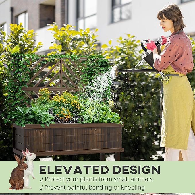 Outsunny Raised Garden Bed with Trellis for Climbing Plants, Vegetable, Grape Vines, Wood Planter with Legs, Drainage Holes and Filter for Outdoor Garden, Patio, Carbonized