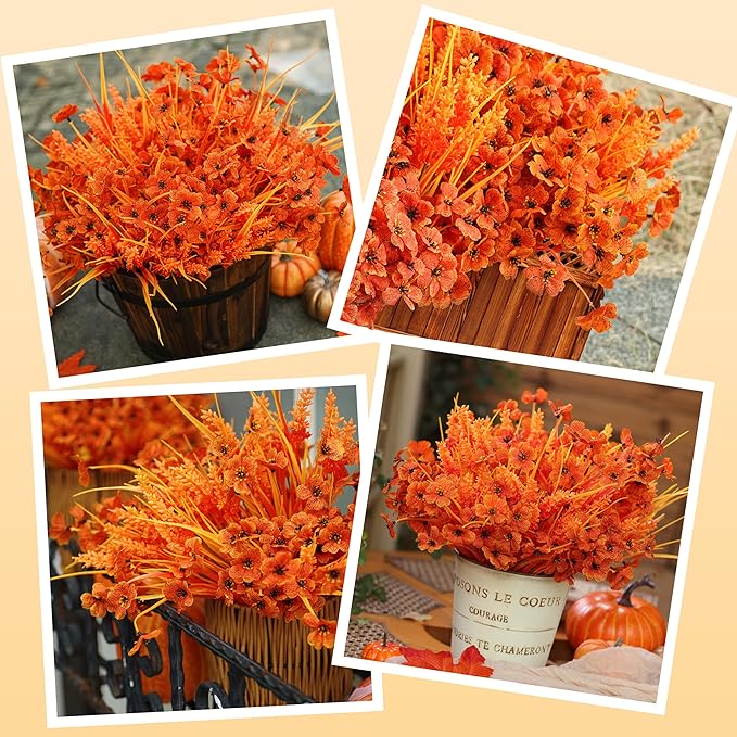 Der Rose 24 Bundles Fall Mums Artificial Flowers for Outdoor Fake Flowers Plants UV Resistant for Home Garden Porch Window Wedding Decor(Orange)