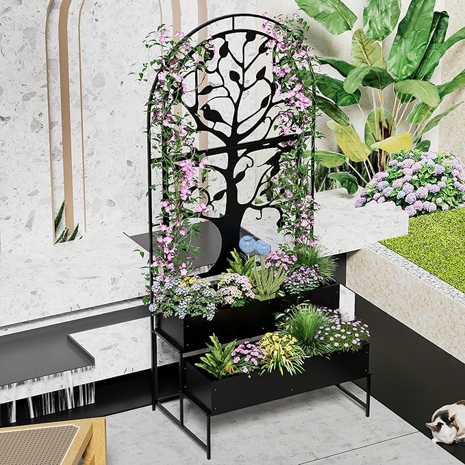 Arched Outdoor Planter Box with Trellis for Climbing Plants, 2 Tiers Metal Privacy Planters for Patio, Tall Raised Garden Bed with Legs, for Vegetables, Fruits, Balcony, 75.2 x 22 x 34.6 Inch, Black