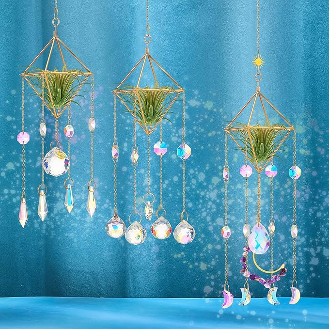 Yookeer 3 Pcs Hanging Air Plant Holder Rustic Style Air Plant Rack Hanger with Crystal Pendant and Chain Golden Geometric Metal Wall Window Display for Home Festival Wedding Decor, 3 Styles