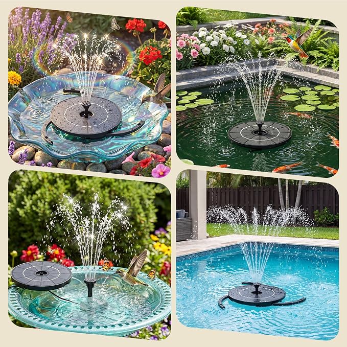 AISITIN DIY Solar Fountain Pump for Water Feature with 3.9ft Cord, Solar Bird Bath Fountain with 6 Nozzles, Solar Powered Water Floating Fountain for Bird Bath, Garden, Ponds Fish Tank, Outdoor