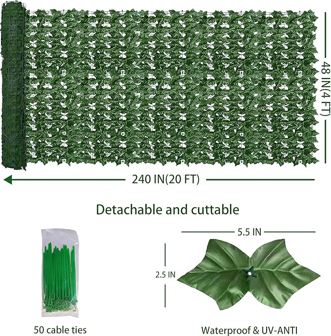 ODTORY Artificial Fence Privacy Screen: 4FT x 20FT UV-Anti Faux Greenery Backdrop Ivy Chain Link Shades Panels for Patio, Balcony, Garden,Deck,Backyard Indoor Outdoor Green Wall Decor