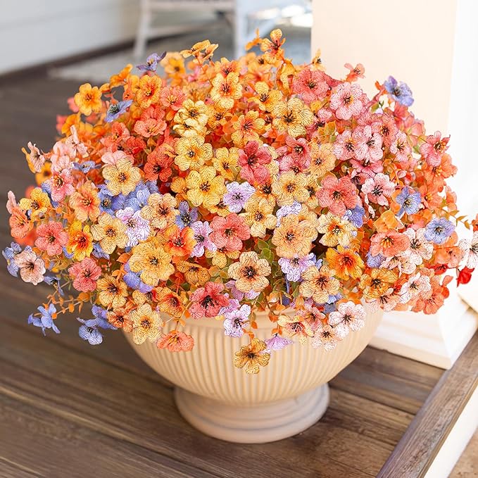 HyeFlora Artificial Fall Flowers Faux Mums for Outdoor Indoor Garden Home Decoration, Faux Flower Daisy with Eucalyptus Leaves Fake Plants Greenery Boxwood Porch Patio, 12 Bundles (6 Fall Multicolor)