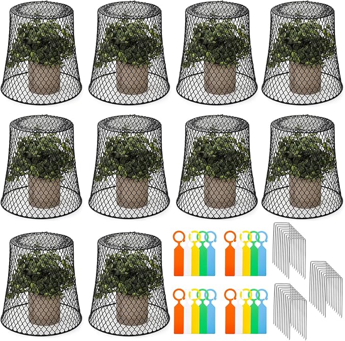 SOUJOY 10 Pcs Chicken Wire Plant Covers, 8 x 8 Inches Metal Garden Cloche with 30 Garden Stakes and 20 Waterproof Labels, Plant Protectors from Animals for Keeping Bunnies Chicken Squirrels Birds Out
