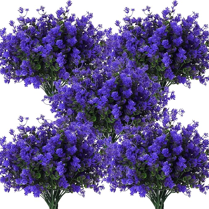 RECUTMS Fake Outdoor Flowers Artificial Flowers Plants for Window Boxes Spring Outdoor Home Decoration, 10 Bundles Fake Faux Eucalyptus for Outside Home Planter Porch Patio Window Yard Decor(Purple)