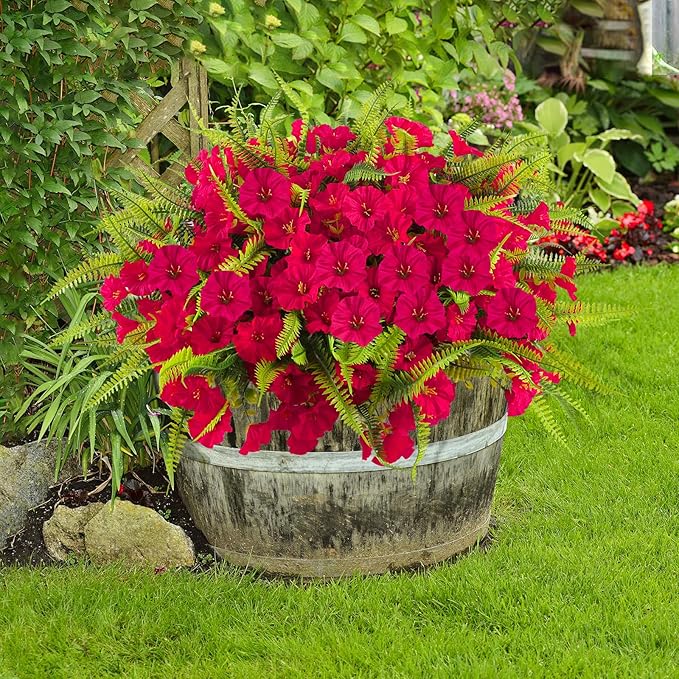 Artificial Flowers for Outdoors 12 Bundles Artificial Petunias Fake Flowers UV Resistant Shrubs Plants with Fern for Indoor Outside Hanging Planters Home Garden Summer Decorations(Rose Red)