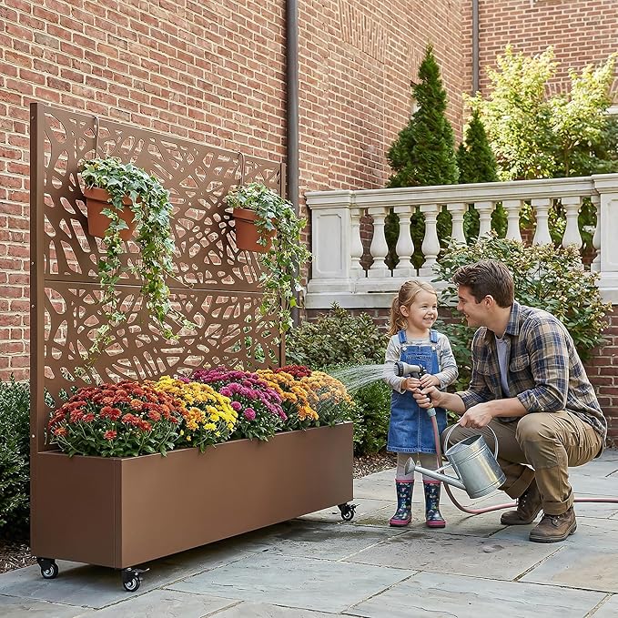 Casaphoria Metal Raised Garden Bed with Trellis and Wheels, 47"x47"x16" Planter Box for Climbing Plants, Vegetables & Vines, Features Drainage Holes and Privacy Screen, Brown-Net