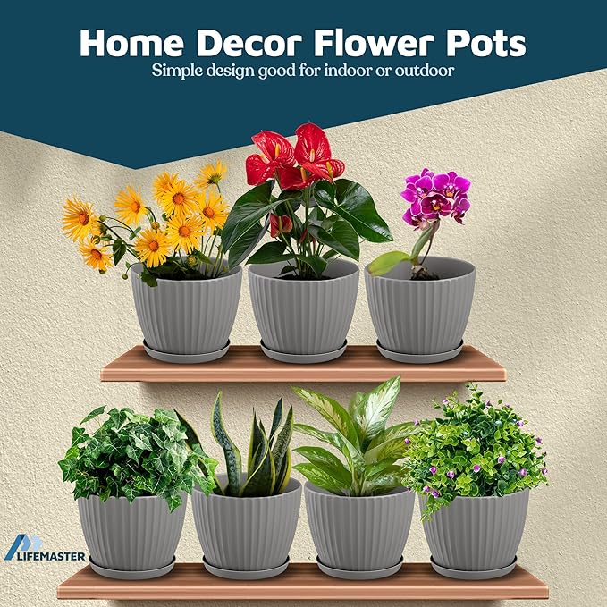 Gray 6-Inch Plant Pots with Drainage & Saucers 3 Pack, Indoor & Outdoor Planters for Houseplants, Herbs, and Flowers, Durable & Weatherproof Material, Stackable, Lightweight, Minimalist Design
