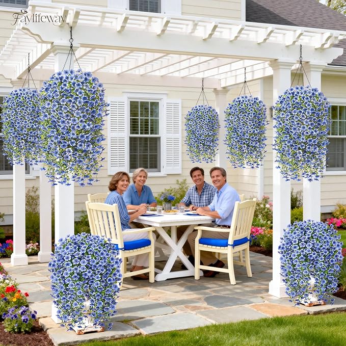 Artificial Hanging Flowers for Outdoors Spring Summer Decoration, 8PCS UV Resistant Silk Fake Hanging Plants for Patio Porch Front Yard Window Garden Indoor Decor(Blue,8PCS)