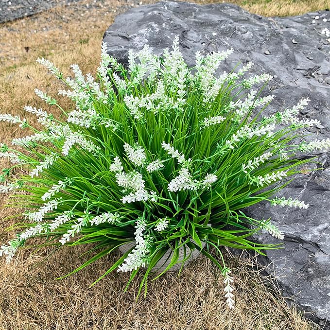 Yimingjin 12 Bundles Artificial Grass Fake Plants，Outdoor Fake Monkey Tail Grass with Flowers for Pot UV Resistant Lavender Patio Garden Porch Home Window Hanging Planter Decor Faux Shrubs(White)