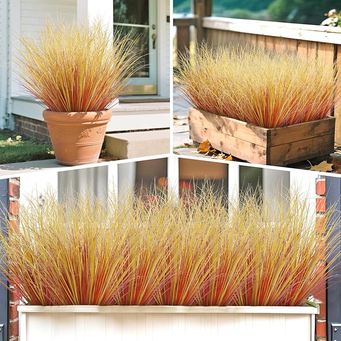 32 Bundles Artificial Fall Plants Outdoor Fake Shrubs Autumn Wheat Grass 20 Inch Fall Greenery Stems Tall Onion Grass UV Resistant Faux Bushes Plant for Garden Farmhouse Thanksgiving Fall Decor