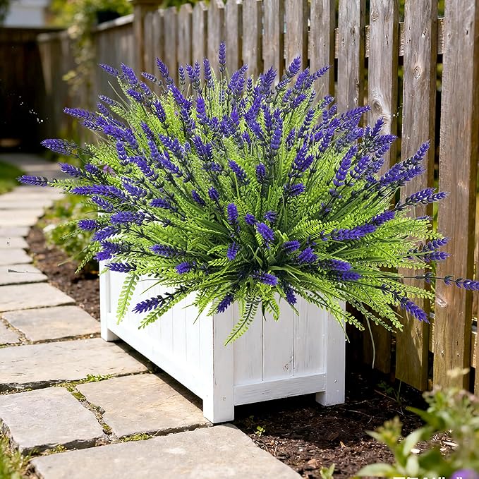 17.8" Tall Artificial Faux Plants Flowers for Outdoor Decorations, UV Resistant Fake Lavender Flowers Realistic Fake Plants Monkey Grass for Porch Garden Patio Window Box Courtyard