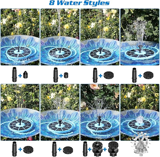AISITIN 3.5W Solar Bird Bath Fountain with Built-in 1500mAh Battery, Solar Water Pump with 8 Nozzles, Solar Powered Fountain for Garden, Birdbath, Pond, and Outdoor Decor