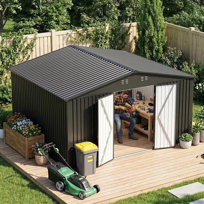 14x12 FT Outdoor Storage Shed, Metal Garden Shed with Lockable Door & Sloped Roof, Large Waterproof Utility Tool Shed for Backyard, Garden, Patio, Lawn, Black