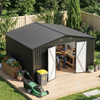 14x12 FT Outdoor Storage Shed, Metal Garden Shed with Lockable Door & Sloped Roof, Large Waterproof Utility Tool Shed for Backyard, Garden, Patio, Lawn, Black